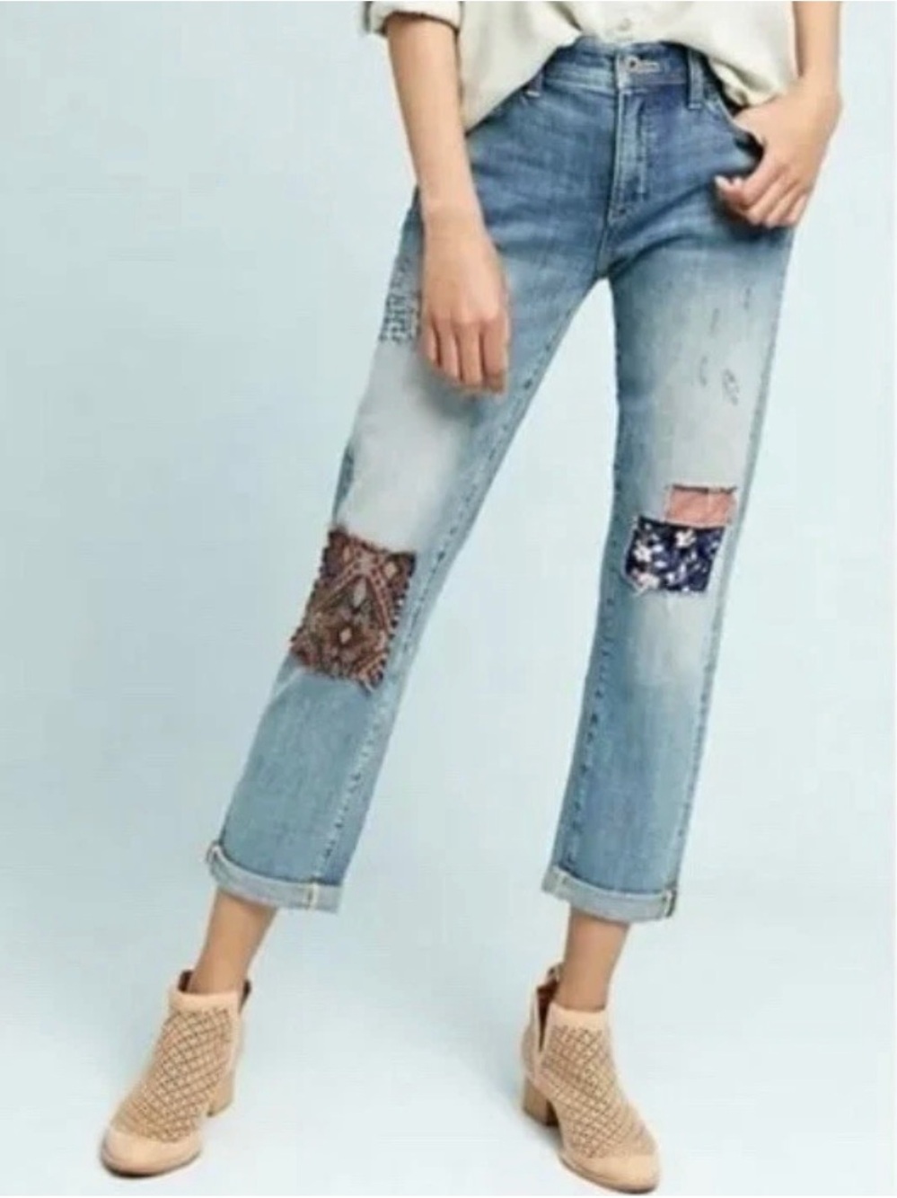 Pilcro and the Letterpress Light Blue Patchwork Jeans